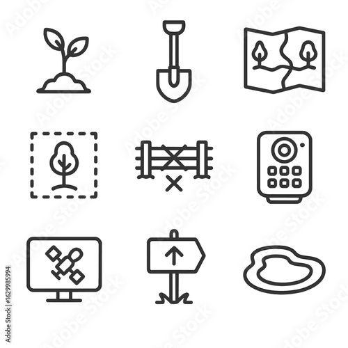 Conservation Tool Icons. Outline icon set of habitat conservation tools: tree sapling, reforestation shovel, wildlife corridor map