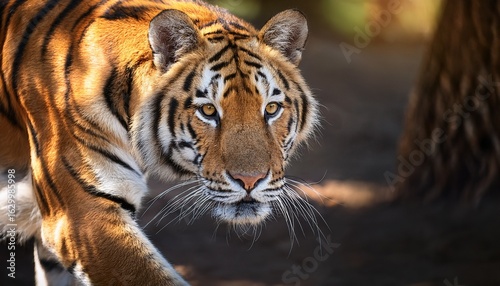 close up of a tigress walking slowly and confidently showcasing her powerful graceful movements and focused gaze