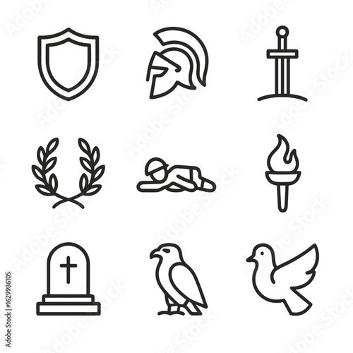 Heroic Sacrifice Icons. Outline icon set of heroic sacrifice: shield, helmet, sword plunged, laurel wreath, fallen soldier, torch