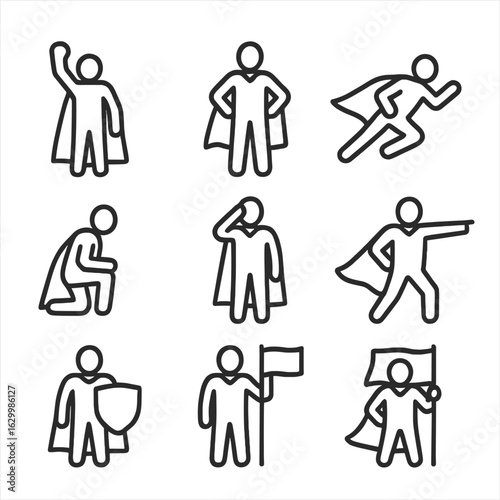 Heroic Action Icons. Outline icon set of heroic poses: fist raised, standing tall, running, flying, kneeling, saluting, pointing