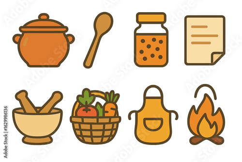 Cooking Elements Grid. Flat vector mini-illustrations traditional cooking experiment recipes in colors children's illustrations:
