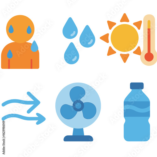 Cooling Fun Icons. Flat vector mini-illustrations sweating and body cooling in colors children's illustrations: human silhouette,