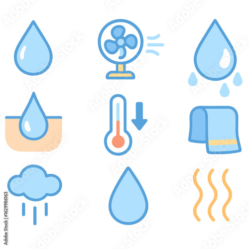 Cooling Icons Grid. Flat vector mini-illustrations sweating and evaporative cooling in colors children's illustrations: sweat