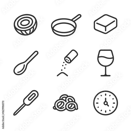 Cooking Techniques Icons. Outline icon set of caramelization and sauté techniques: sliced onion, cast iron skillet, butter pat,