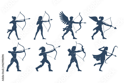 Collection of archer silhouettes in various poses. Vector illustration set of mythological hunters and warriors isolated on a white background.