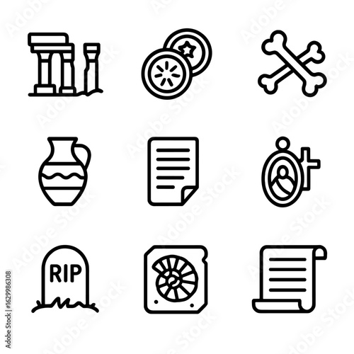 Historical Relics Icons. Outline icon set of remains in history: ruins, old coins, bones, pottery, documents, relics, tombstones,