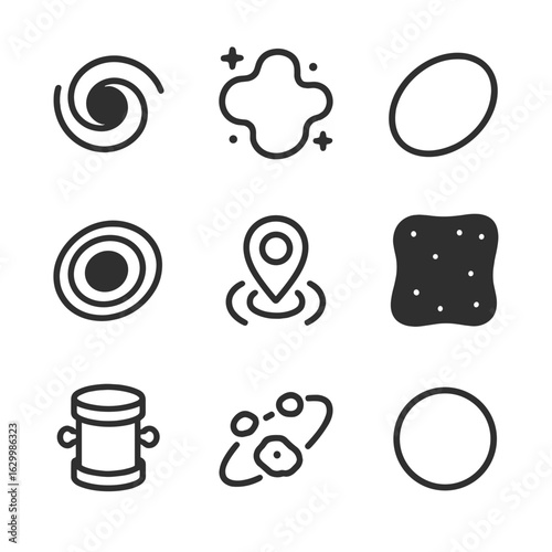Cosmic Void Icons. Outline icon set of cosmic void: black hole silhouette, dark nebula, empty orbit, event horizon, singularity