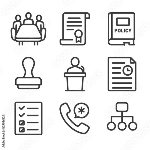 Corporate Governance Icons. Outline icon set of corporate governance and ethics compliance: board meeting table, corporate charter