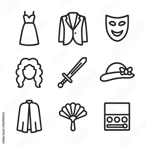 Costume Icon Set. Outline icon set of costume and wardrobe: evening gown, tuxedo jacket, theatrical mask, stage wig, prop sword,