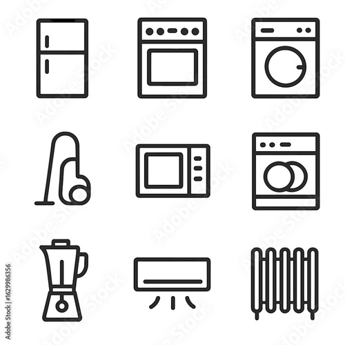 Home Appliance Icon Set. Outline icon set of home appliances: refrigerator, oven, washing machine, vacuum cleaner, microwave,
