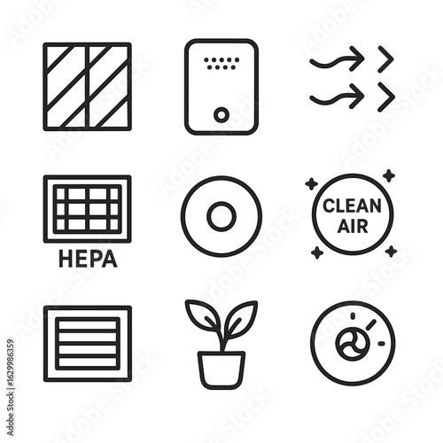 Home Air Purification Icons. Outline icon set of home air purification: air filter outline, purifier device silhouette, airflow