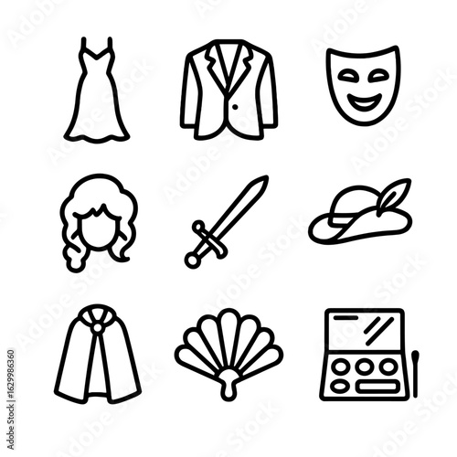 Costume Icon Set. Outline icon set of costume and wardrobe: evening gown, tuxedo jacket, theatrical mask, stage wig, prop sword,