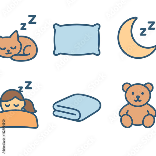 Cozy Bedtime Icons. Flat vector mini-illustrations napping with a kitten in colors children's illustrations: sleeping cat, pillow,