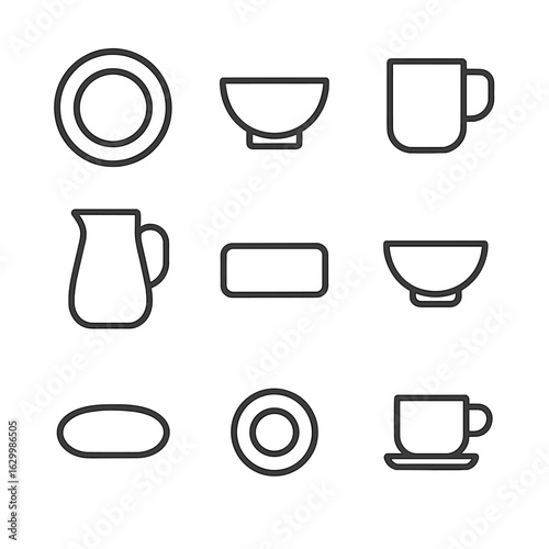 Hotel Porcelain Icons. Outline icon set of hotel porcelain items: service plate, breakfast bowl, coffee mug, water jug, room tray,