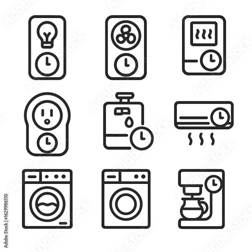 Household Timer Icons. Outline icon set of household timers: light timer, fan timer, heater timer, outlet timer, irrigation timer,