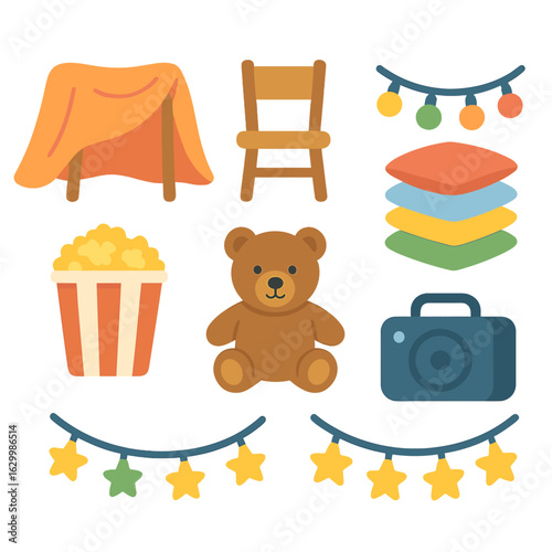 Cozy Blanket Fort Cinema. Flat vector mini-illustrations blanket fort cinema in colors children's illustrations: draped blanket,