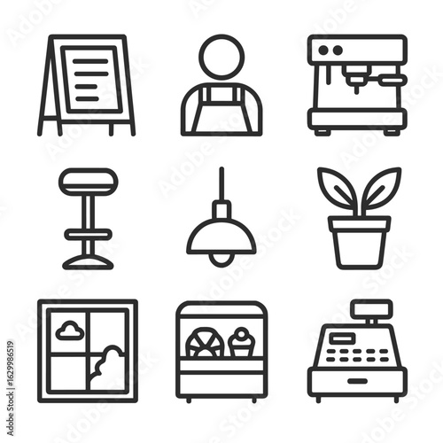 Cozy Café Elements Icons. Outline icon set of cozy café elements: chalkboard menu, barista silhouette, espresso machine, counter