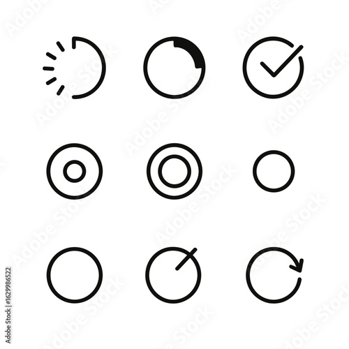 Circular UI Icons. Outline icon set of circular UI elements: loading spinner, progress ring, checkbox circle, radio button, toggle