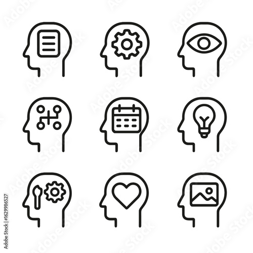 Human Memory Icon Set. Outline icon set of human memory types: short-term memory, long-term memory, working memory, sensory memory