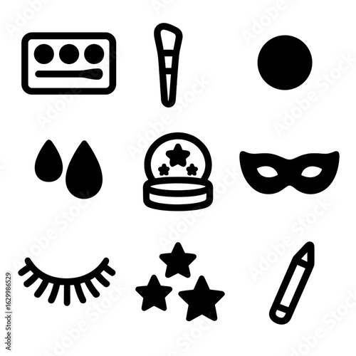 Circus Makeup Icons. Solid, filled icon set of circus makeup and face accessories: face paint palette, brush, clown nose, fake