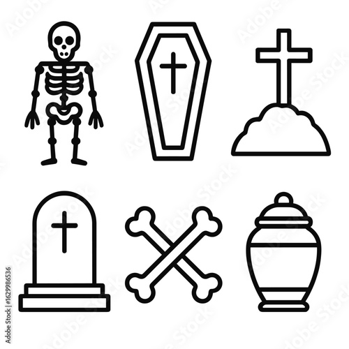 Human Remains Icons. Outline icon set of human remains: skeleton, coffin, grave, tombstone, bones, ashes,