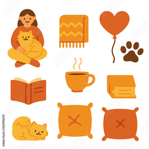 Cozy Cat Cuddles. Flat vector mini-illustrations cuddling a cat on a cozy lap in colors children's illustrations: fluffy cat, warm