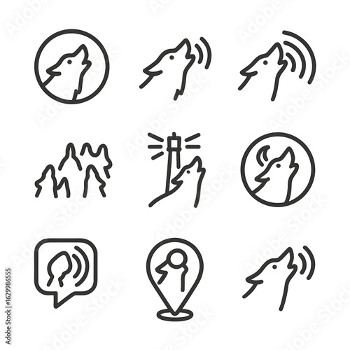 Howl Communication Icons. Outline icon set of howl communication: pack howling circle, social call wave, communication echo lines,