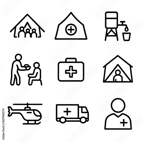 Humanitarian Aid Icons. Outline icon set of border humanitarian aspects: refugee camp, aid tent, water station, food distribution,