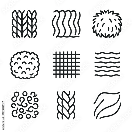 Cozy Fabric Icons. Outline icon set of cozy fabric textures: chunky wool knit, velvet pile, sherpa fleece, linen weave, cotton