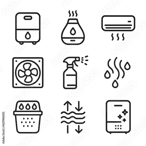 Humidity Control Icons. Outline icon set of humidity control devices: dehumidifier, humidifier, air conditioner, ventilation fan,
