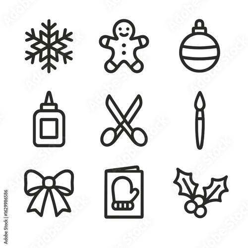 Cozy Crafts Icons. Outline icon set of cozy indoor crafts: paper snowflake, gingerbread man, ornament, glue bottle, scissors,