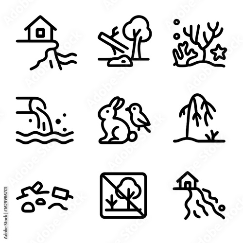 Hurricane Impact Icons. Outline icon set of hurricane environmental impact: coastal erosion, fallen trees, broken coral, polluted