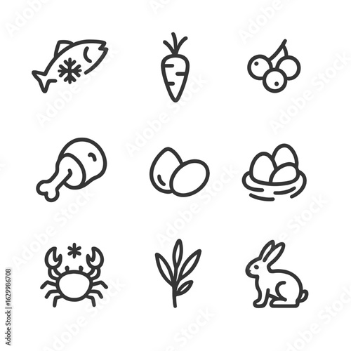 Ice Age Food Icons. Outline icon set of ice age food sources: frozen fish, root vegetable, berries, mammoth meat, nuts, bird eggs,