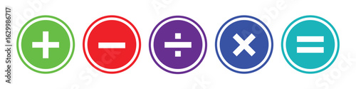 Vector illustration of a set of mathematical symbols. Circular icons for basic number operations like addition, subtraction, multiplication, and division. Simple calculation elements.