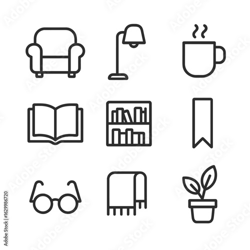Cozy Reading Icons. Outline icon set of cozy reading nook: armchair, floor lamp, steaming mug, open book, bookshelf, bookmark,