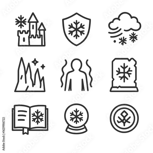 Ice Castle Icon Set. Outline icon set of ice castle magical features: frost enchantment, crystal shield, snowstorm ward, icy