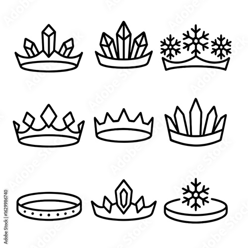 Ice Crown Icons. Outline icon set of ice crown: frozen tiara, crystal spikes, snowflake gems, frost jewels, icy band, glacier