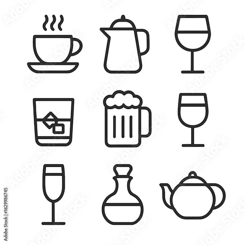 Classic Beverage Icons. Outline icon set of classic beverages: tea cup, coffee pot, wine glass, whiskey tumbler, beer mug,