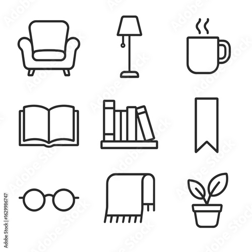 Cozy Reading Icons. Outline icon set of cozy reading nook: armchair, floor lamp, steaming mug, open book, bookshelf, bookmark,