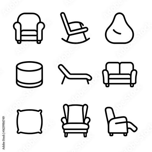 Cozy Seating Icons. Outline icon set of cozy seating options: armchair, rocking chair, bean bag, pouf ottoman, chaise lounge,