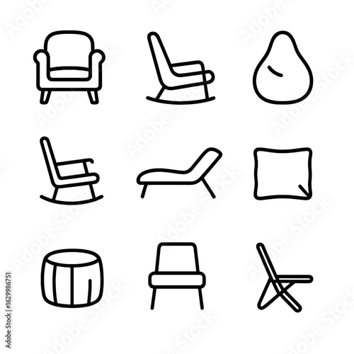 Cozy Seating Icons. Outline icon set of seating options for a cozy corner: armchair, lounge chair, bean bag, rocking chair, chaise