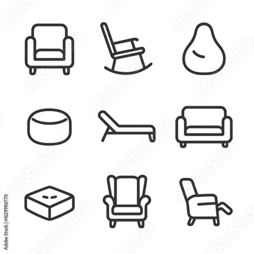 Cozy Seating Icons. Outline icon set of cozy seating options: armchair, rocking chair, bean bag, pouf ottoman, chaise lounge,