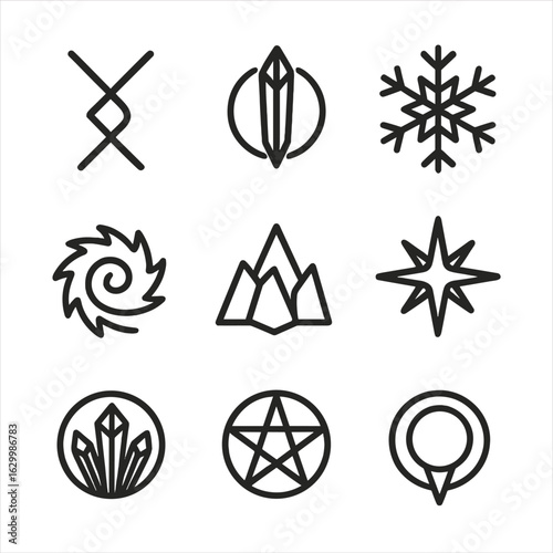 Ice Magic Icon Set. Outline icon set of ice blade magic symbols: frost rune, ice glyph, snowflake sigil, chilling spiral, glacier
