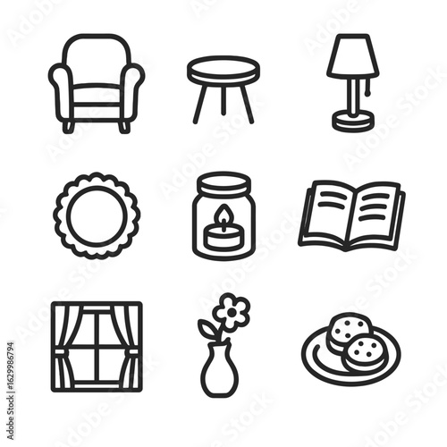 Cozy Tea Icon Set. Outline icon set of cozy afternoon tea setting: armchair outline, small side table, table lamp, lace doily,