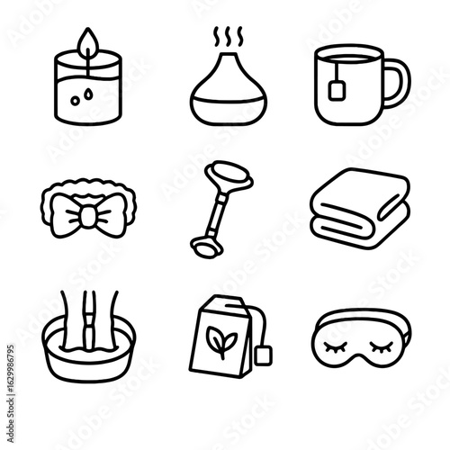 Cozy Self-Care Icons. Outline icon set of cozy self-care rituals: scented candle, essential oil diffuser, ceramic mug of tea,