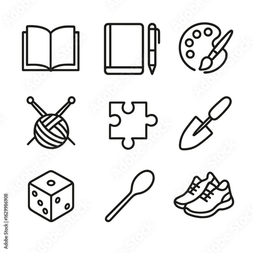 Creative Activities Icons. Outline icon set of screen-free creative activities: open book, journal and pen, paintbrush and palette