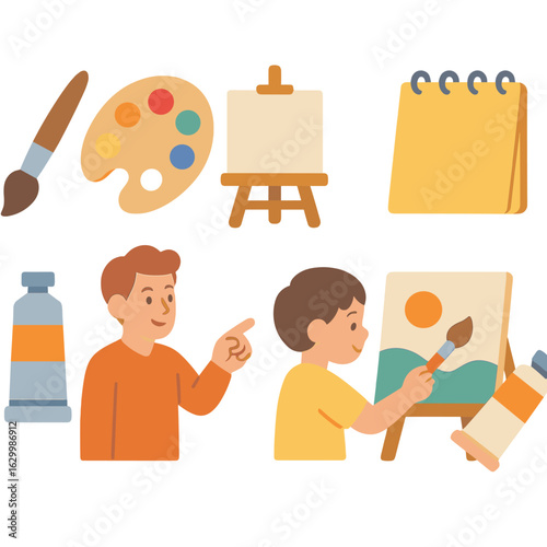 Creative Arts Mentorship. Flat vector mini-illustrations creative arts mentorship in colors children's illustrations: paintbrush,