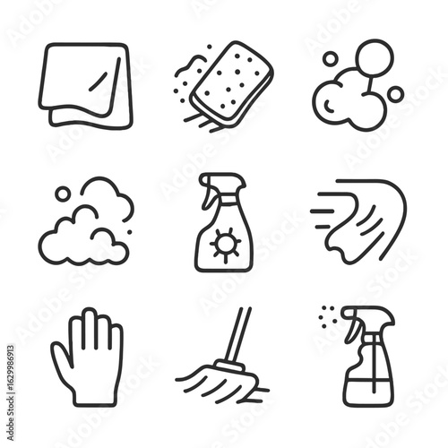 Cleaning Icon Set. Outline icon set of smudge in cleaning and hygiene: cleaning cloth, sponge wiping, detergent bubbles, soap suds