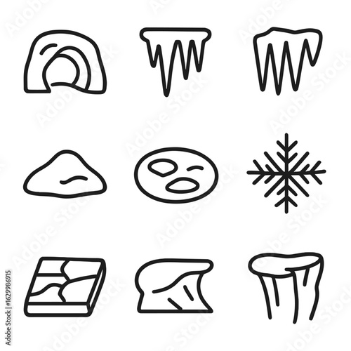 Icy Formations Icons. Outline icon set of icy formations: ice cave, frozen stalactite, icicle cluster, glacier crevasse, snow