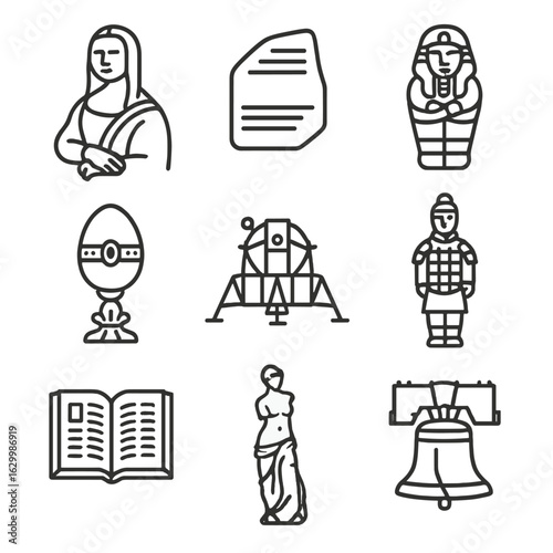 Iconic Museum Artifacts. Outline icon set of famous museum items: Mona Lisa, Rosetta Stone, Egyptian sarcophagus, Fabergé egg,